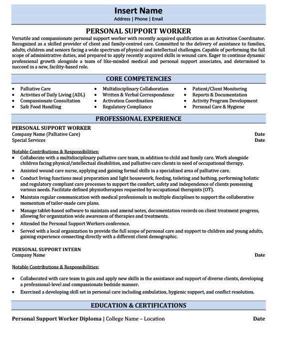 personal support worker resume canada